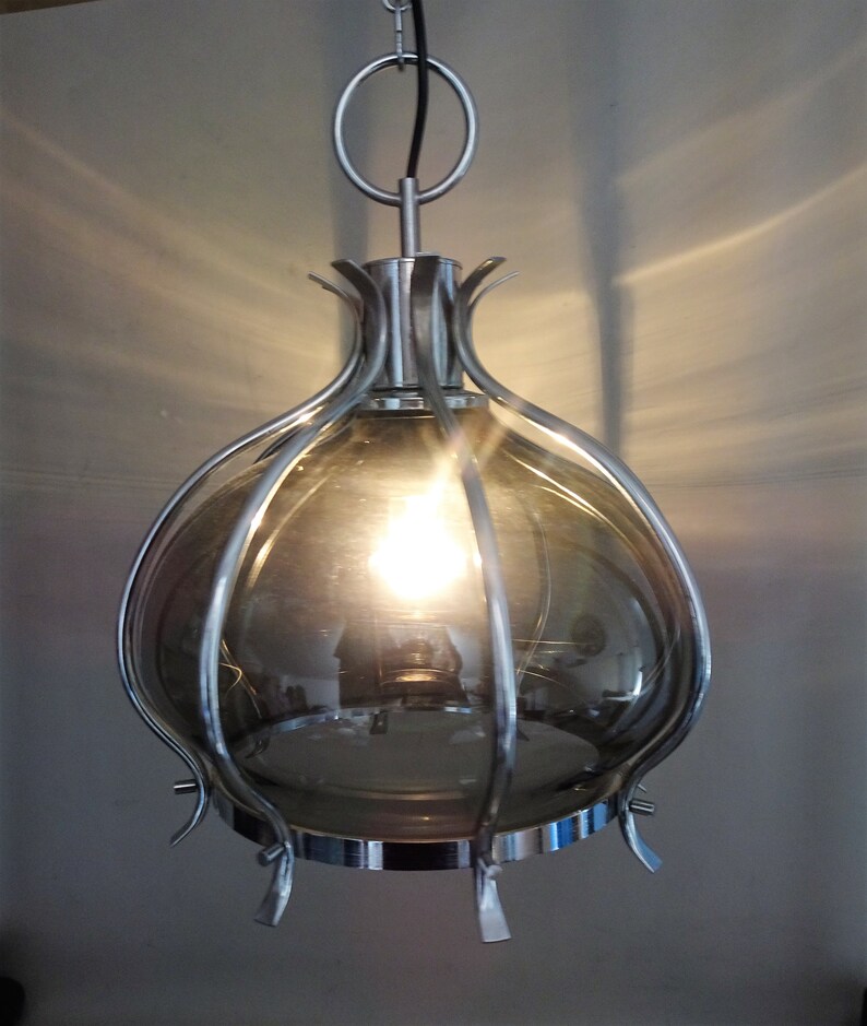 Smokey Glass Chrome Metal Space age Gift men woman Vintage retro pendant light 1960s 1970s