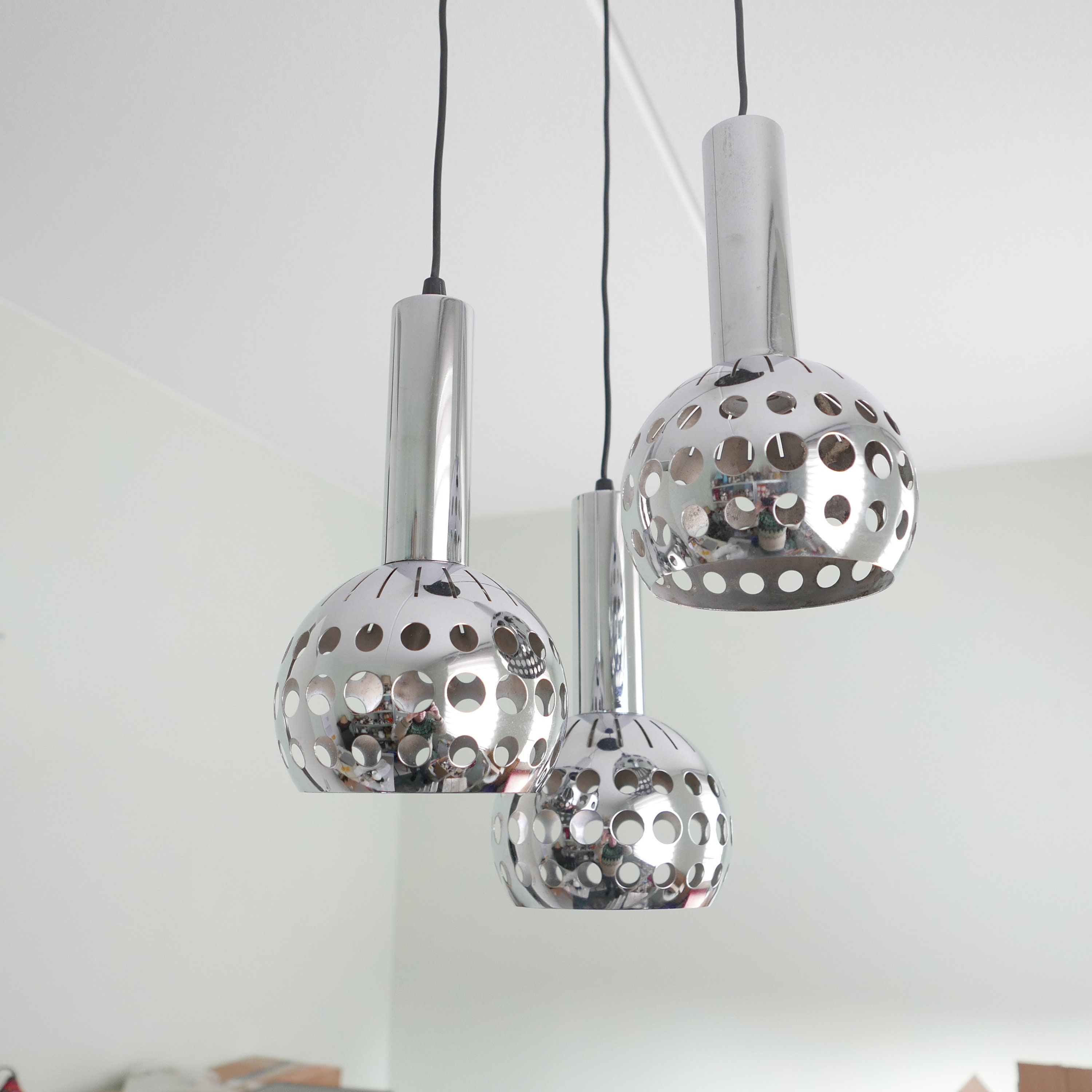 Cascade Pendant Lamp with 3 lights - Chrome metal - 60s / 70s - Vintage Space Age
