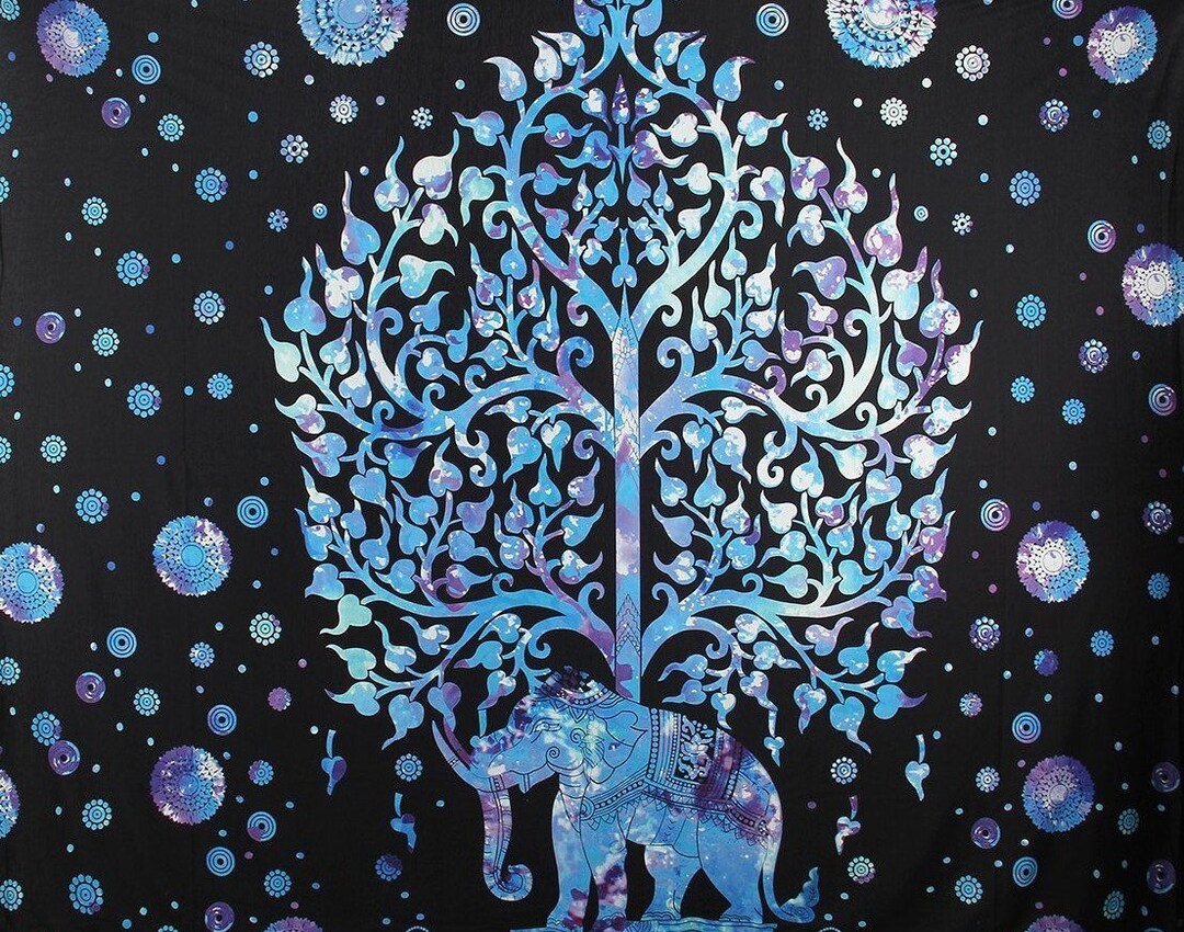 Indian Decor Mandala Elephant Tree of Life Blue Black Purple Tapestry ...