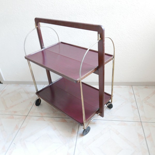 Marie Françoise Mondinue France années 1950 - Marqué - Table à thé pliable design sur roulettes en bois - Chariot de service Chariot à thé Dinette