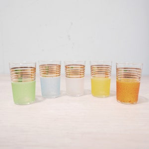 5 Five Small Lemonade Soda Water Glasses - 70s - Matte Yellow Blue Green Orange White with Gold Colored Edge Sugar Glass