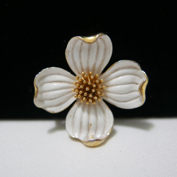 Signed Crown Trifari Brooch - Dogwood White Enamel