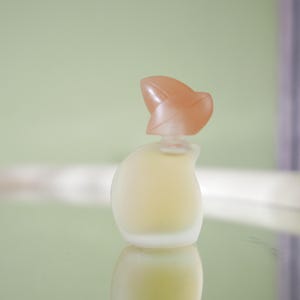 Op de afbeelding: Een kleine, peervormige parfumfles met een matte glazen afwerking. De fles is gevuld met een lichtgele vloeistof en afgedekt met een perzikkleurige, bladvormige stopper. De fles wordt weerspiegeld op een spiegelend oppervlak.