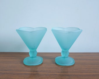 Set of Two 2 ice cream dessert coupe pastel mint green blue thick-walled glass - 1980s - Serving dessert - 2 ice cream coupes bowl