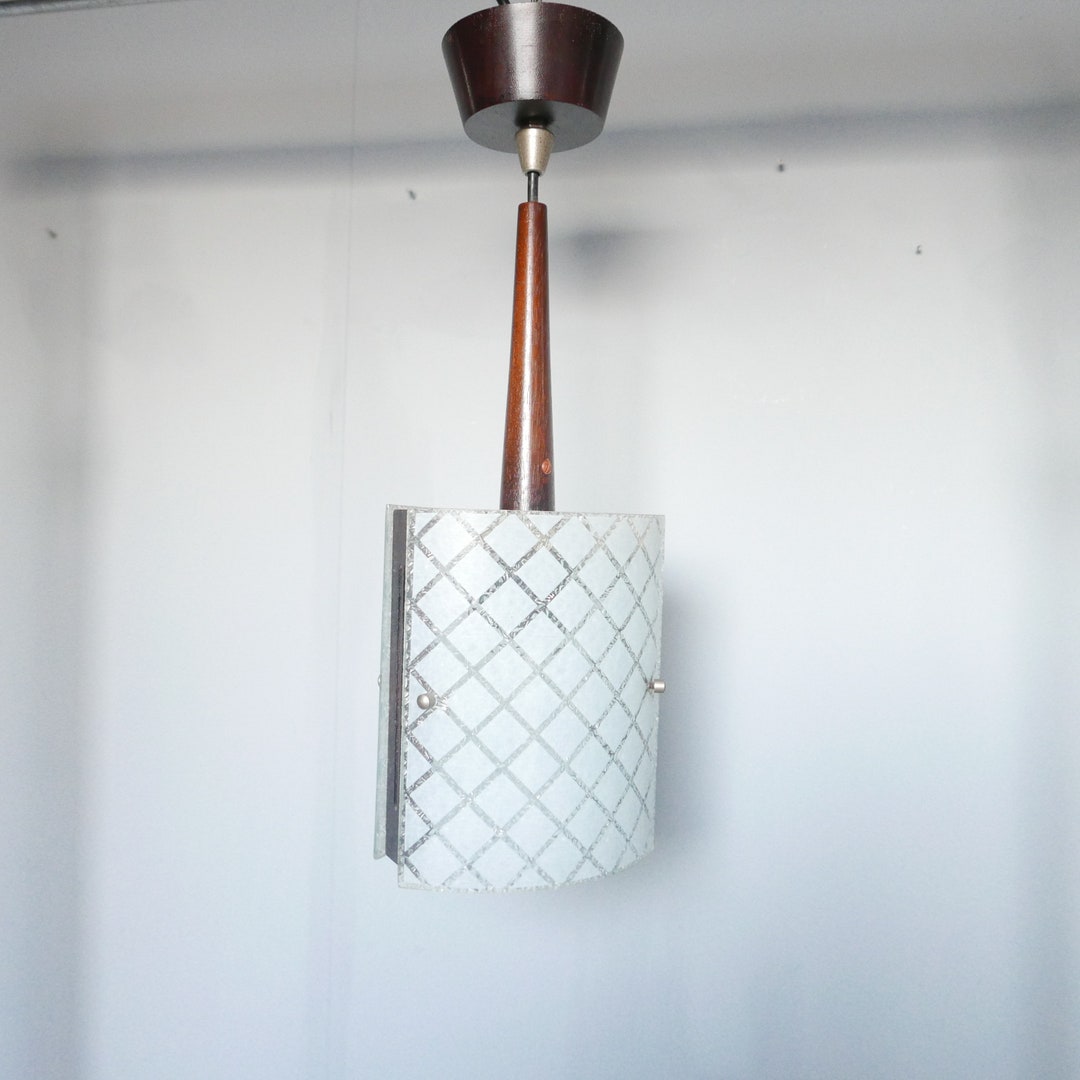 Scandinavian Design Hanging Lamp 1950s Glass Teak Wood Teak Wood as Is 