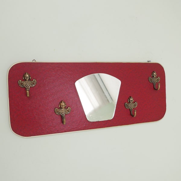 Vintage Wall Coat Rack with mirror and 4 hooks from the 1950s - Red