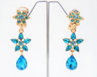 Oscar de la Renta - Long Aqua Blue Crystal Flower Earrings - Clip On