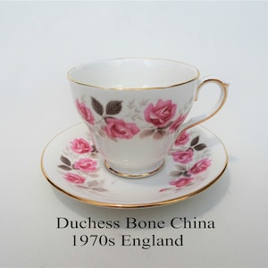 Duchess England Fine Bone China - Ceramic Cup and Saucer - 1970s - Flower Rose Gilded White Pink
