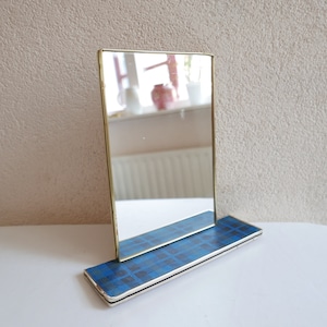 Vintage 1950s Mirror with Shelf - Blue Checked Print