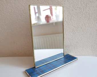 Vintage Mirror from the 1950s with shelf - Blue checkered print