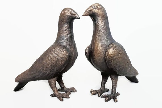 Two Cast Iron Pigeon Figurines Pair Bird Figurine Statue Etsy