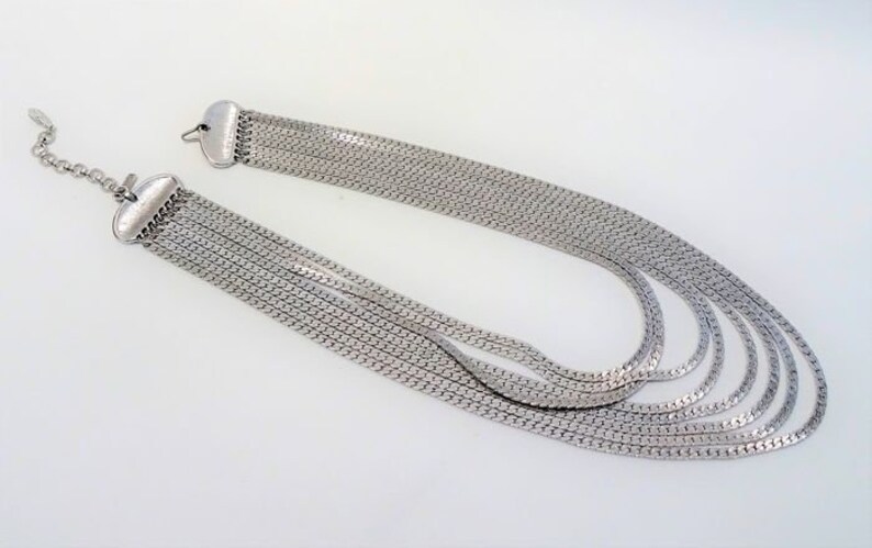 Multiple strands rows chains Vintage Gift woman Signed MONET 8-Row Chain Necklace 1980s Silver tone