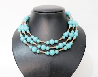 Signé CORO - Collier Turquoise - Années 1940 / 50s - Collier à 3 rangs 3 Brins en couches