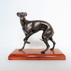 Beautiful Whippet Greyhound dog image on wood base