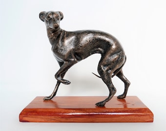 Beautiful Whippet Greyhound dog statue on wooden base