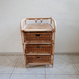 Vintage Rattan Wood Cabinet with 3 drawers