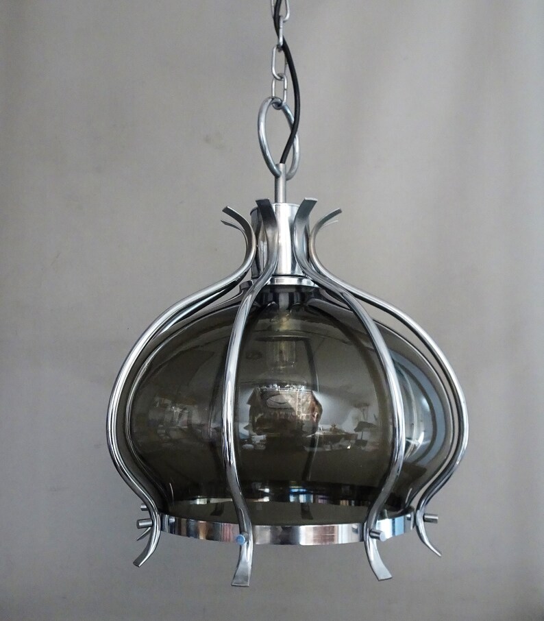 Smokey Glass Chrome Metal Space age Gift men woman Vintage retro pendant light 1960s 1970s