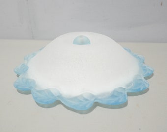 Round Glass Ceiling Lamp in Glass with Light Blue Leaves Design - Vintage 1980s