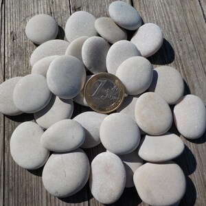 May include: A collection of smooth, white, round stones of various sizes. A single euro coin is placed in the center of the pile of stones.