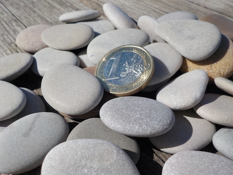 May include: A collection of smooth, gray and white stones of various sizes, with a single euro coin in the center.