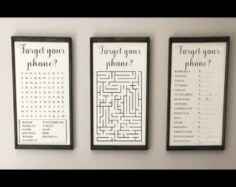 Forget your phone sign, set of 3, wordsearch sign, funny bathroom sign, farmhouse bathroom, word scramble sign, maze sign, forgot your phone