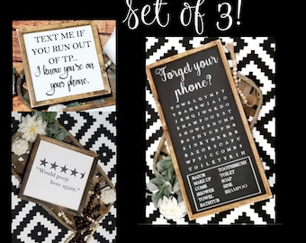 Funny bathroom sign set of 3, bathroom sign bundle, forget your phone word search, would poop here again, text me toilet paper sign