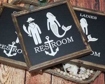 Mermaid pirate restroom sign, restroom sign, mermaid sign, nautical decor Sign, funny bathroom sign, farmhouse sign, bathroom decor