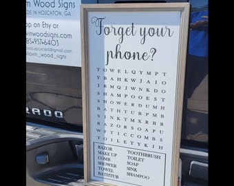 Forget your phone sign, forgot your phone bathroom sign, word search sign, funny bathroom sign, farmhouse bathroom sign Grey/black lettering