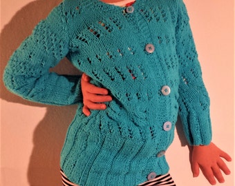 knit sweater with buttons, Handknit blue childs cardigan, Girls sweater, Sweater with patterns, Handknit cardigan, Handmade cardigan