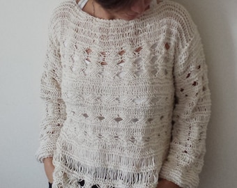 Hand Knit Sweater, Pattern knit sweater, Hand Knitted sweater, Openwork sweater, Natural color, Womens Clothing, Long Sleeved, Knitwear,