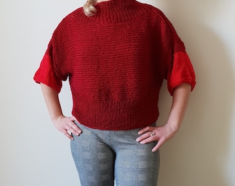 Red sweater, Short sleeves, Women Jumper, Wool sweater, Hand knit, Jumper, Womens, Dark red, Knit sweater, Handmade sweater, Turtleneck