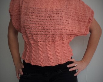 Short Sleeve Knit Sweater, Salmon colour, Hand knit, Kid Mohair, Merino, Silk,  Loose knit,  Hand Knitted Sweater