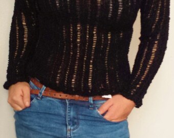 Black sweater, Black knitting sweater, Women's sweater, Pullover, Hand Knit sweater, Pattern knit Sweater