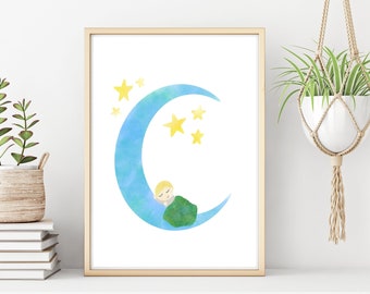 Blue Watercolor Moon-Baby Boy Nursery Art-Sleeping Baby Art-Moon and Stars Art Print-Whimsical Nursery Art-Dreaming Baby-Downloadable Print