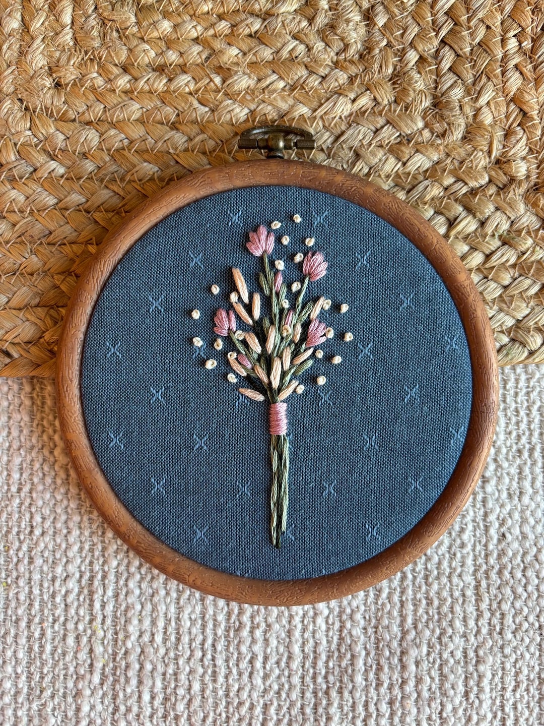 Navy Blue Wildflower Bouquet Embroidery Heirloom Art | Pink Spring ...