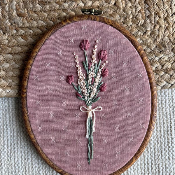 Pink WildFlower Bouquet Embroidery Keepsake Hoop Art | Framed Oval with Subtle Sparkle Beads