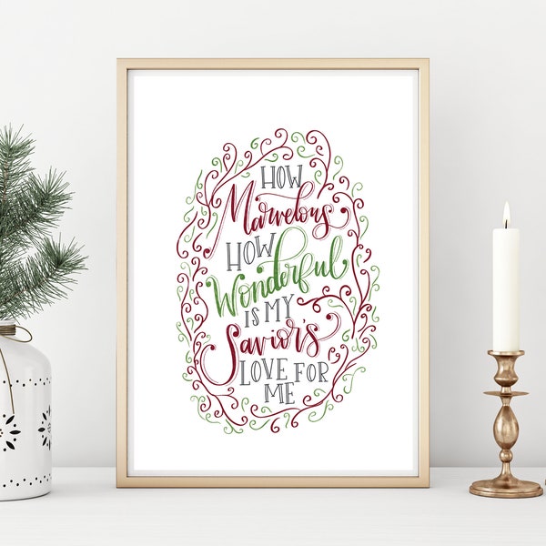 Vintage Christmas Green and Red Handlettered Print, Wonderful Christian Hymn, Flourished Holiday Swirl Living Room Decor, Downloadable Art