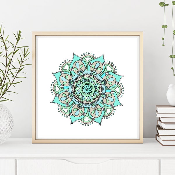 Aqua Mandala Geometric Graphic Design, Floral Bedroom Décor, Bathroom Wall Art Print, Digital Download