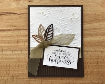 Wedding Congratulations Card: embossed paper, die cut paper, sheer ribbon, and pearls