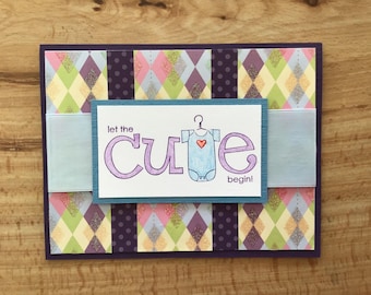Hand Stamped  Baby Card: hand colored image, and ribbon