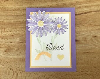 Hand Stamped Friendship Card: Die Cut Flower, Acrylic Heart