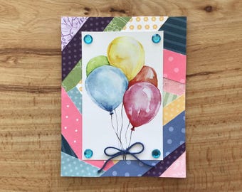 Birthday Balloons Card: pieced paper, printed paper, and rhinestones