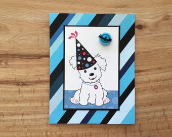 Puppy Birthday Card: pieced paper, printed paper, button and string