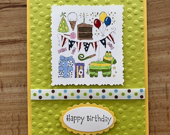 Hand Stamped Birthday Card: Embossed Paper, Hand Colored Image