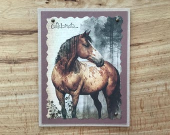 Horse Birthday Card: layered printed paper and brass colored acrylic dots