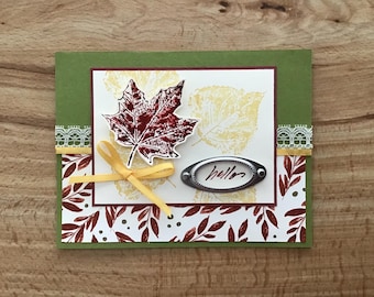 Happy Thanksgiving Card: raised hand stamped paper leaf, silver metal frame, lace, and ribbon bow
