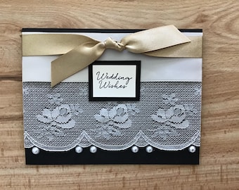 Hand Stamped Wedding Card: Lace, Pearls, Ivory & Gold Ribbon