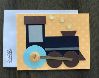 Hand Stamped Train Engine birthday card: button embellishment