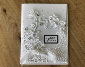 Hand Stamped Wedding Card: Embossed paper, Die Cut Floral Design with Rhinestones