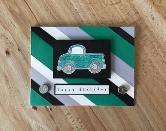 Hand Stamped Pickup Truck Happy Birthday card: 2 silver metal brads